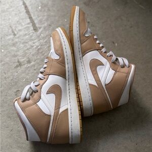 Nike Air Jordan 1 Mid Beige and White Sneakers